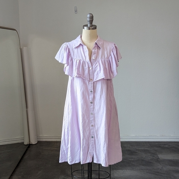 Zara Ruffle Button Down Shift Mini Shirtdress Purple S cottagecore summer linen - Picture 2 of 9